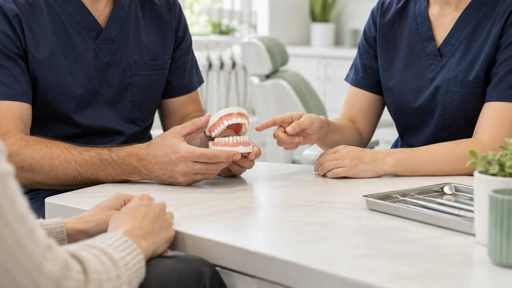Foto illustrativa di un dentista e una dentista che parlano con una paziente